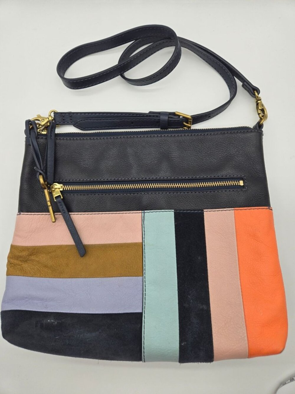 Vintage Fossil Navy Leather & Suede Patchwork Crossbody Shoulder Bag